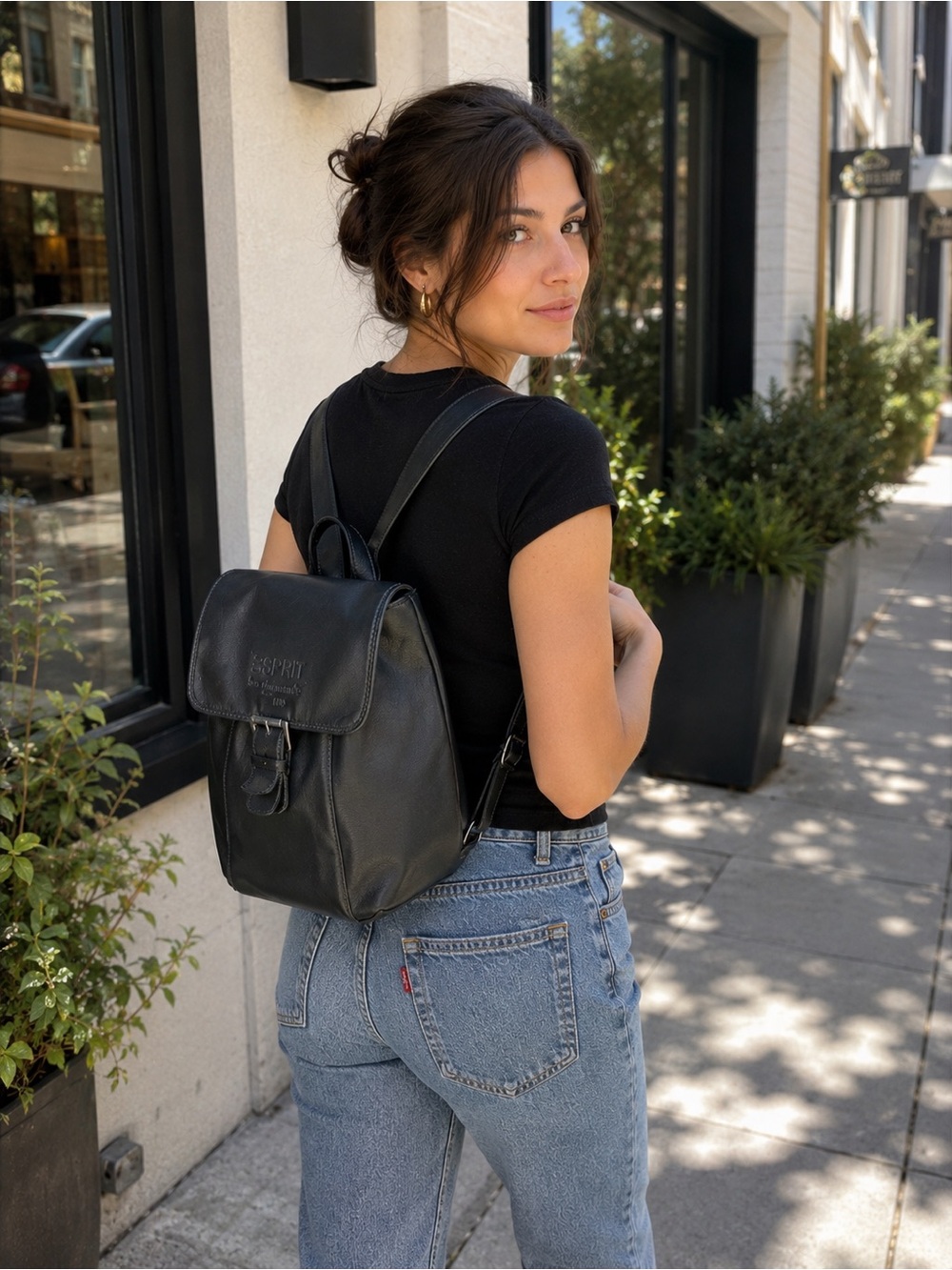 Y2K Esprit Classic Black Faux Leather Backpack
